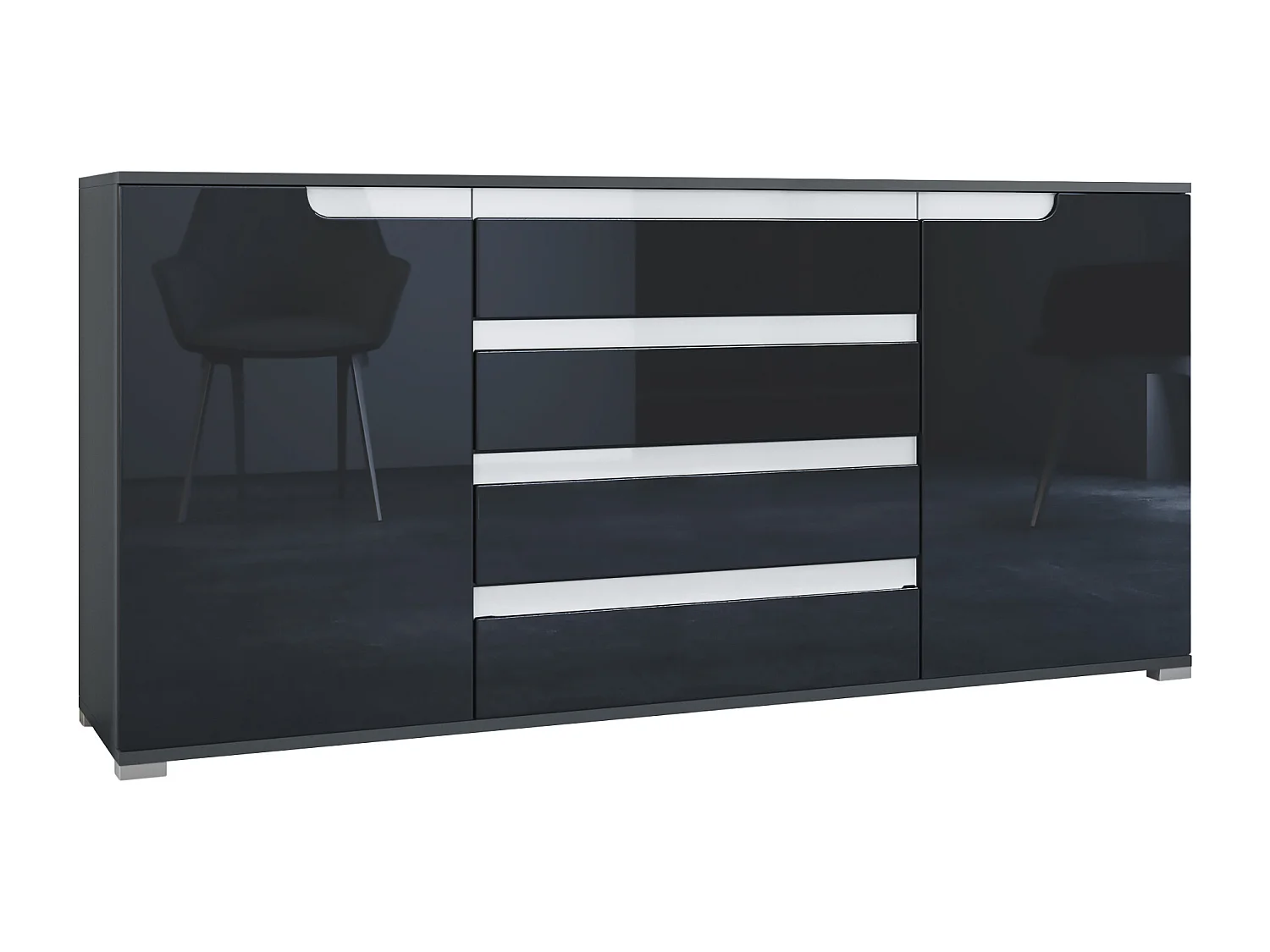 Buffet Sylt V2, Commode avec 2 Portes et 4 Tiroirs, Corps - anthracite mat / Façade - noir haute brillance / Détails - blanc haute brillance (166,5 x 75,5 x 35 cm)