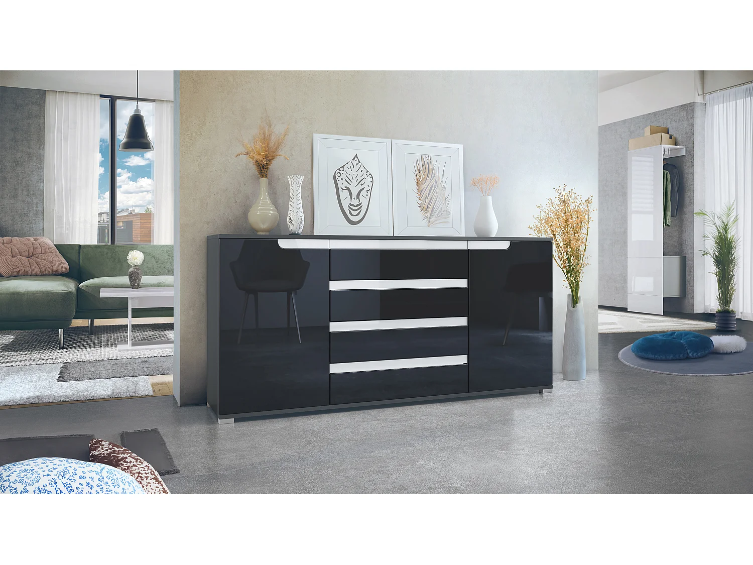 SIDEBOARD Sylt Schwarz Hochglanz / Weiß Hochglanz
