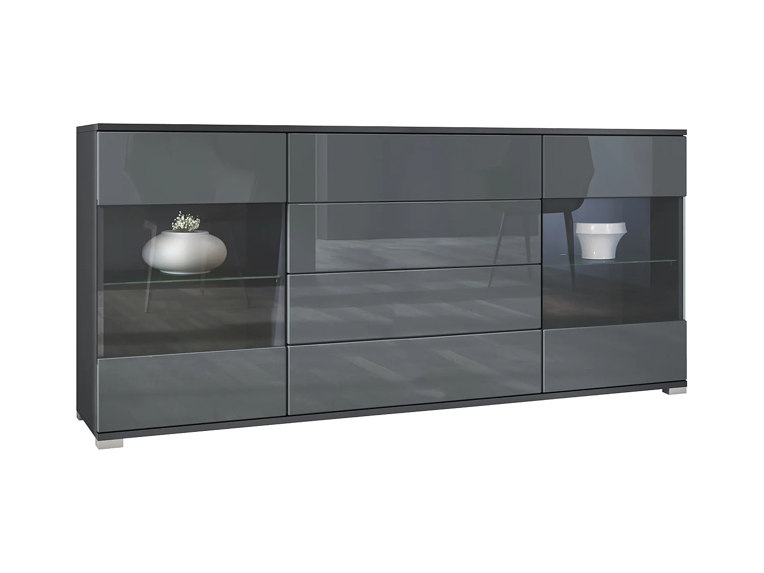 Buffet Bari V2 – Meuble avec 2 Grandes Portes et 4 Tiroirs, anthracite mat/gris haute brillance (166,5 x 75,5 x 35)