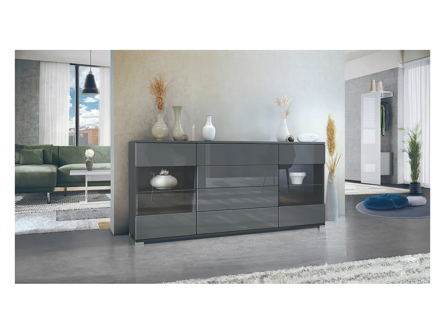 Buffet Bari V2 – Meuble avec 2 Grandes Portes et 4 Tiroirs, anthracite mat/gris haute brillance (166,5 x 75,5 x 35)