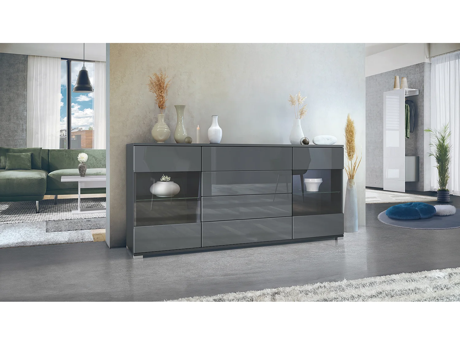 Buffet Bari V2 – Meuble avec 2 Grandes Portes et 4 Tiroirs, anthracite mat/gris haute brillance (166,5 x 75,5 x 35)