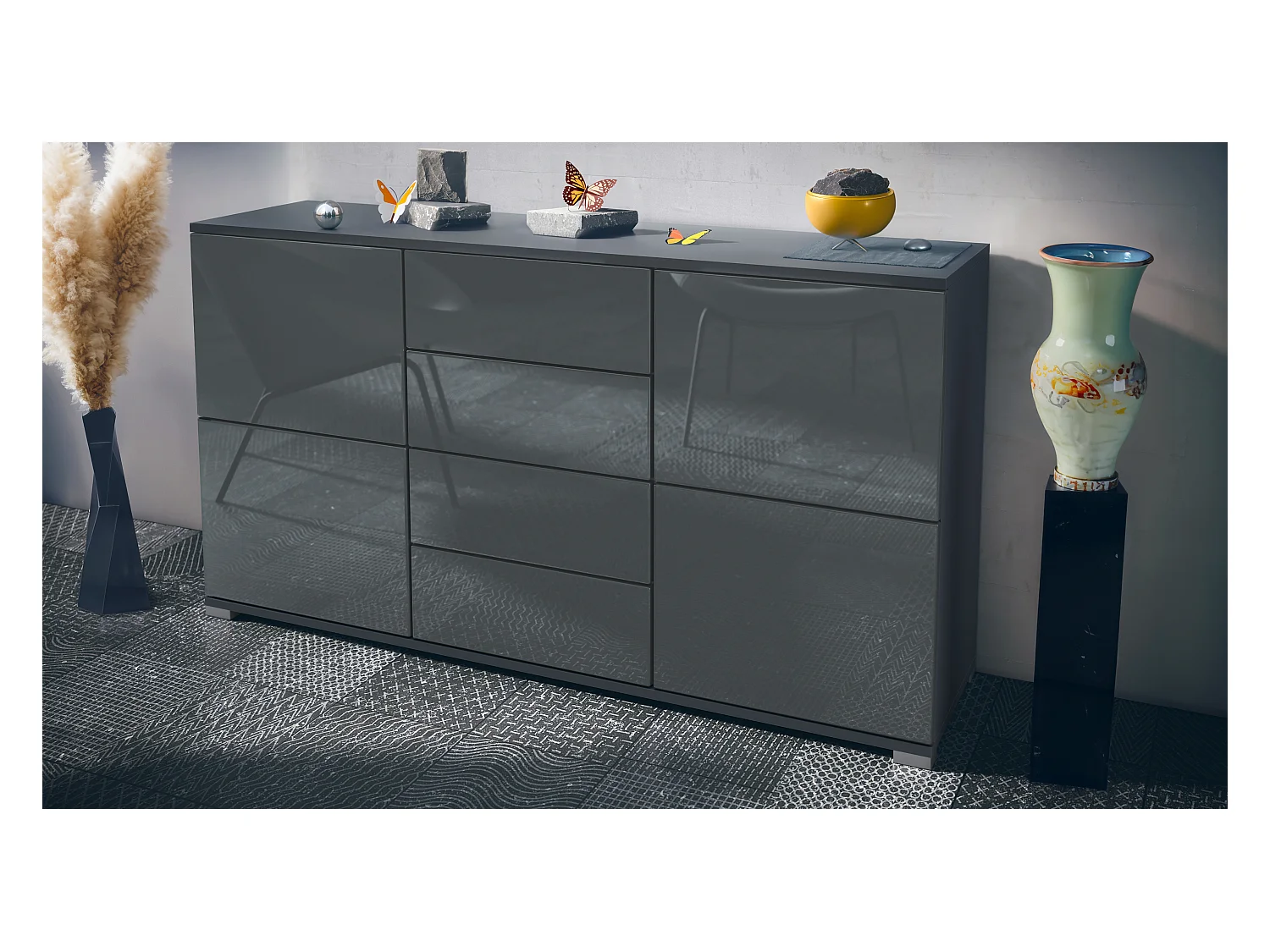 Buffet Rova V1 – Meuble avec 4 Portes et 4 Tiroirs, anthracite mat/gris haute brillance (138,5 x 75,5 x 35)