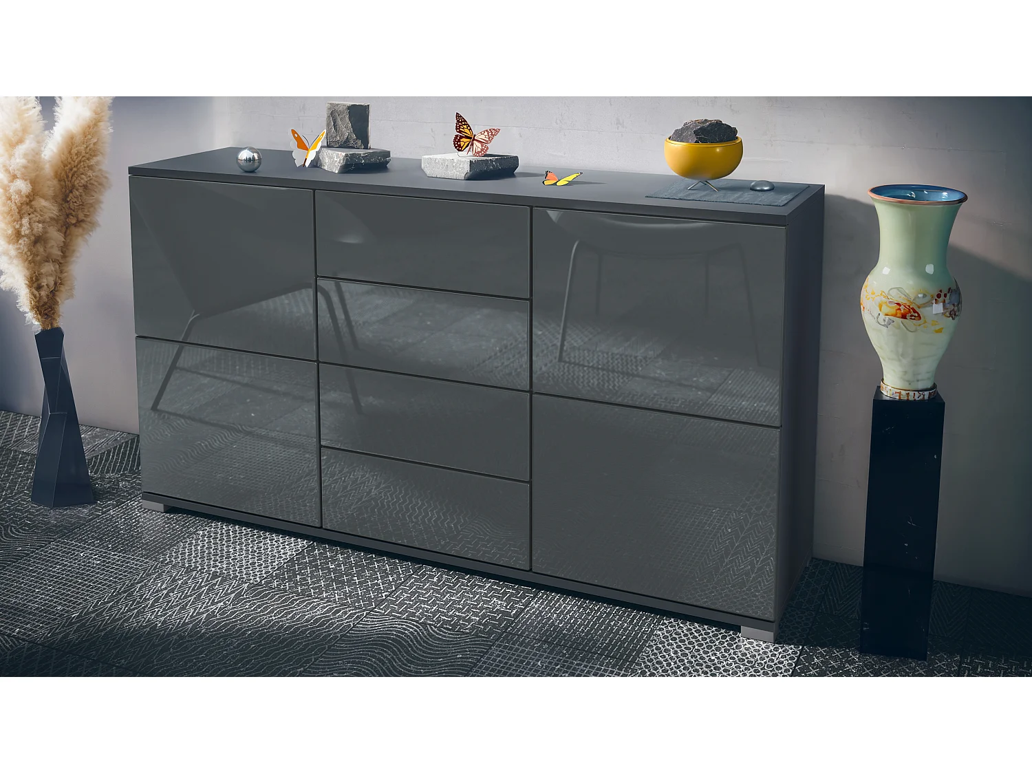 Buffet Rova V1 – Meuble avec 4 Portes et 4 Tiroirs, anthracite mat/gris haute brillance (138,5 x 75,5 x 35)