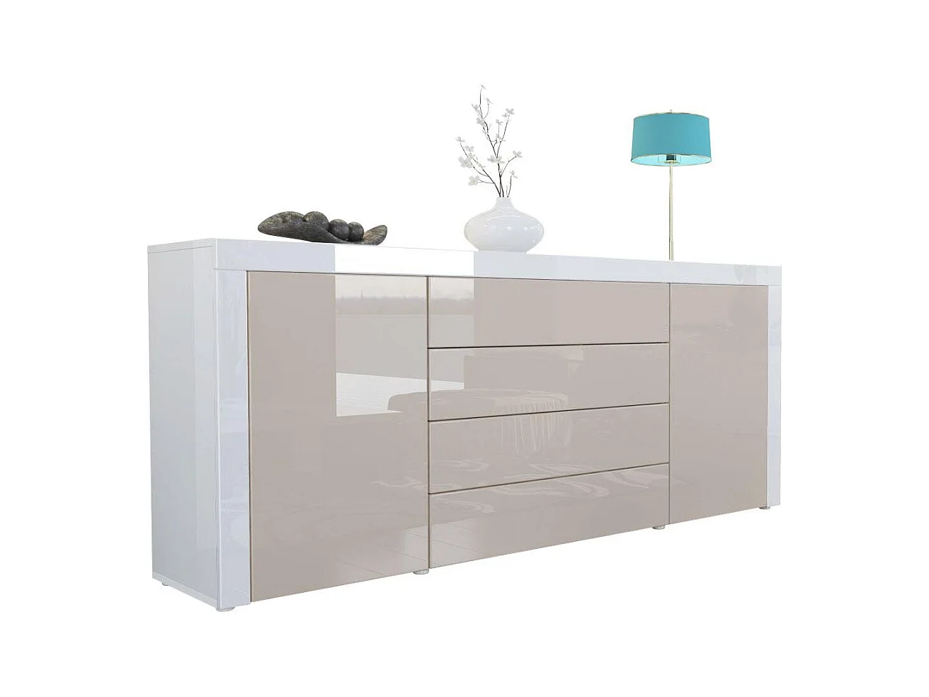 Buffet commode La Paz, Corps en Blanc haute brillance / Façades en gris sable haute brillance avec une bordure en blanc haute brillance