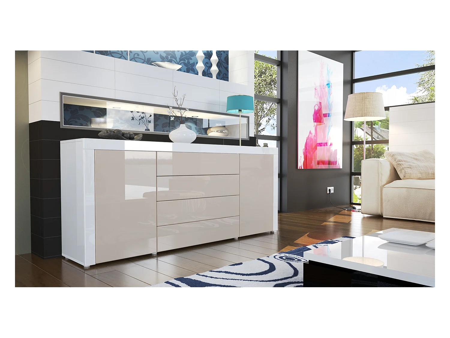 Buffet commode La Paz, Corps en Blanc haute brillance / Façades en gris sable haute brillance avec une bordure en blanc haute brillance