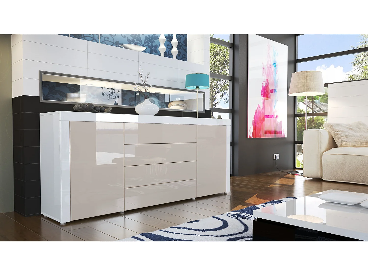 Cassettiera La Paz, struttura in bianco / frontale in grigio sabbia lucido con cornice in bianco lucido.