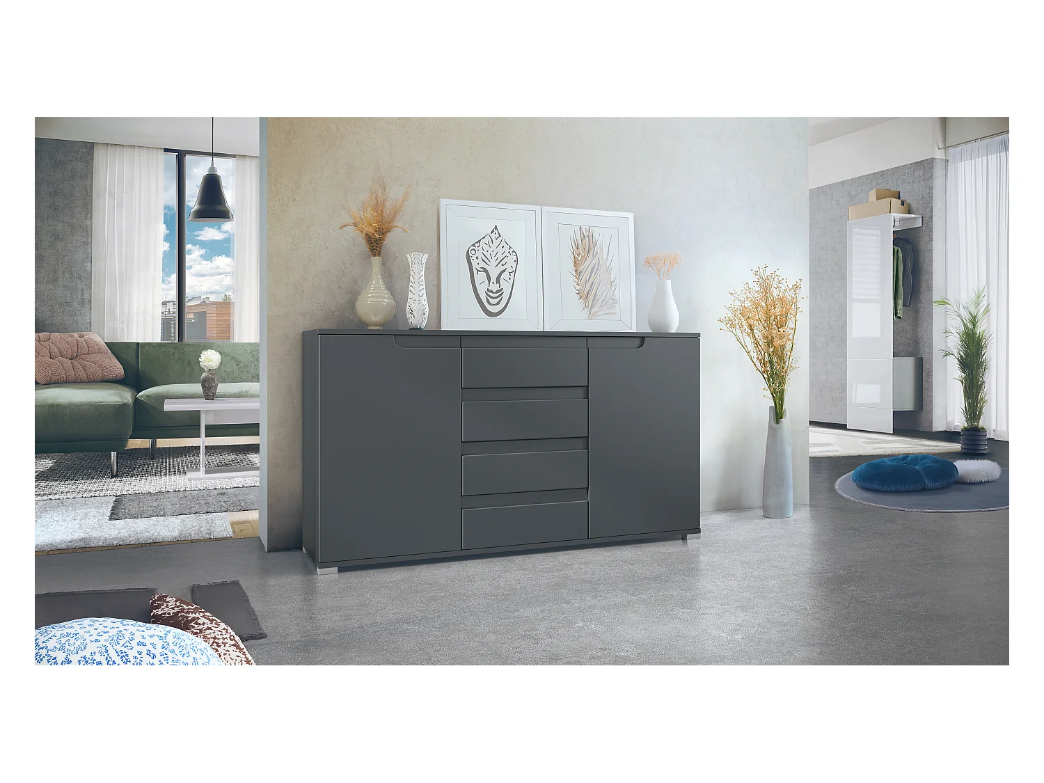 Buffet Dressoir Sylt, Corps en Noir mat / Façades en anthracite mat avec un decor en anthracite mat (139 x 72 x 35)