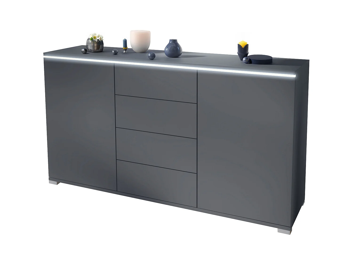 Buffet Faro V1 – Meuble avec 2 Portes & 4 Tiroirs, Armoire avec Bande LED Lumineuse, anthracite mat / anthracite mat (138,5 x 75,5 x 35)