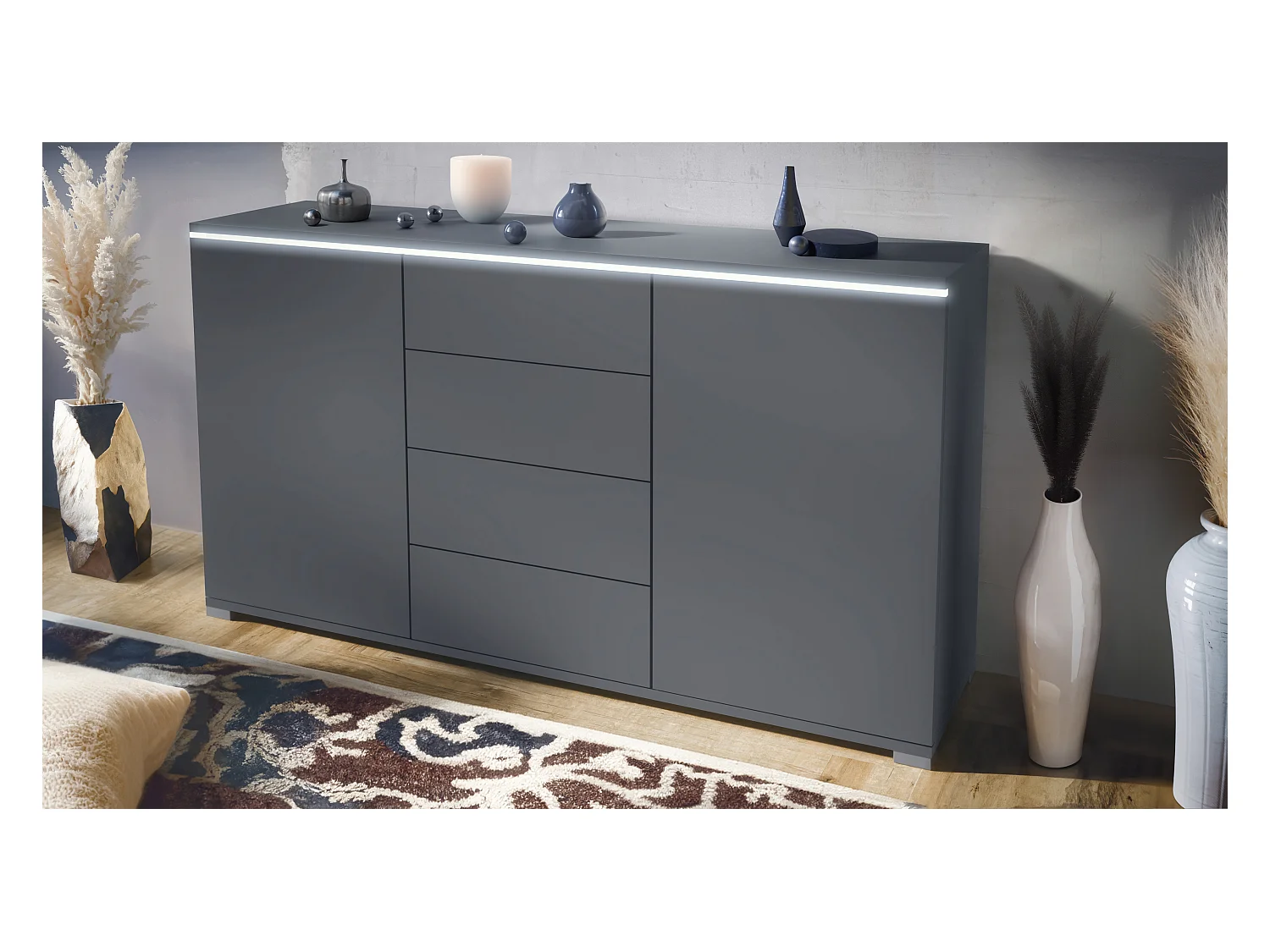 Buffet Faro V1 – Meuble avec 2 Portes & 4 Tiroirs, Armoire avec Bande LED Lumineuse, anthracite mat / anthracite mat (138,5 x 75,5 x 35)