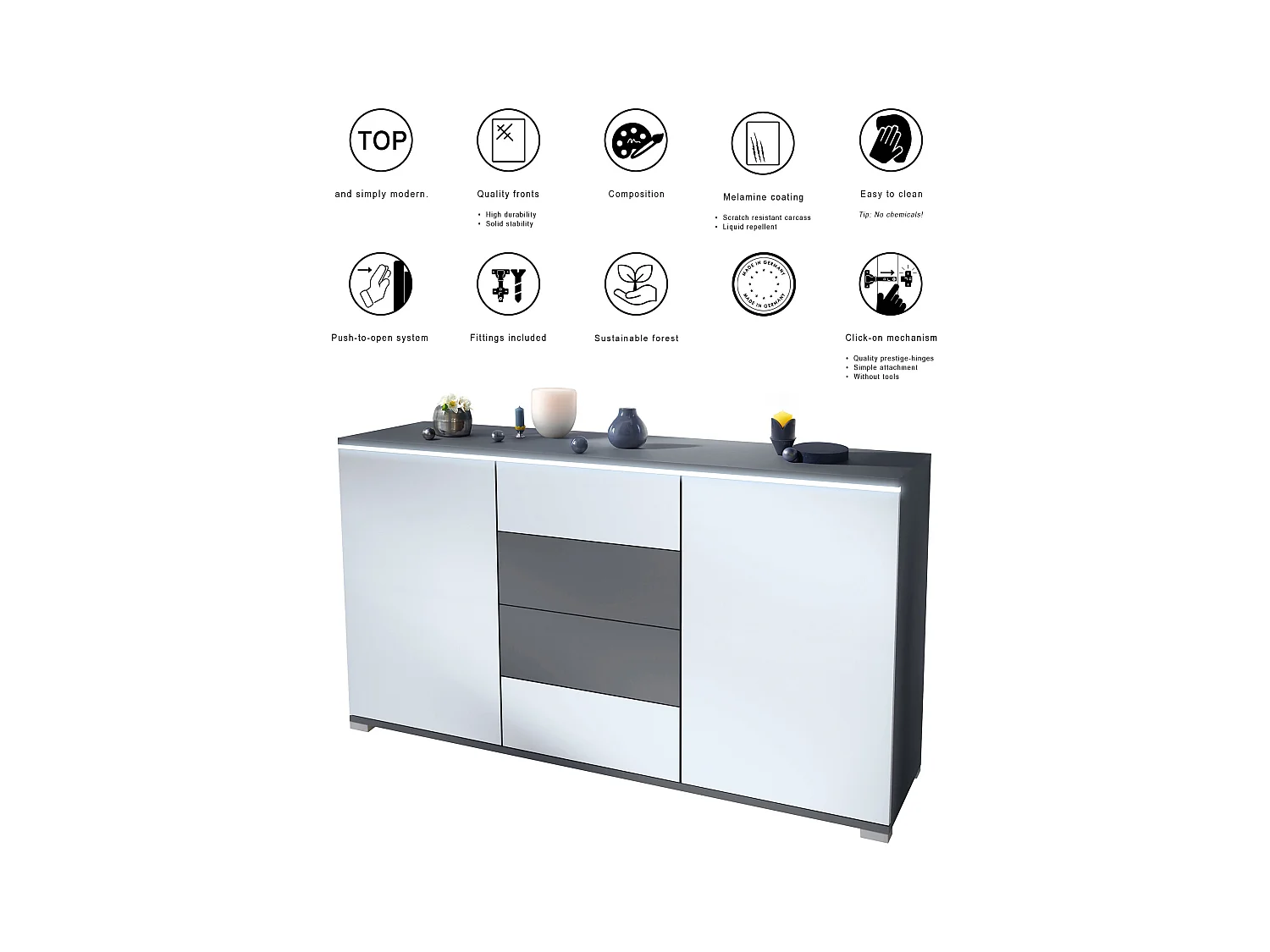 Buffet Faro V1 – Meuble avec 2 Portes & 4 Tiroirs, Armoire avec Bande LED Lumineuse, anthracite mat / anthracite mat (138,5 x 75,5 x 35)