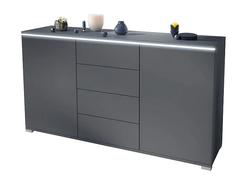 Buffet Faro V1 – Meuble avec 2 Portes & 4 Tiroirs, Armoire avec Bande LED Lumineuse, anthracite mat / anthracite mat (138,5 x 75,5 x 35)