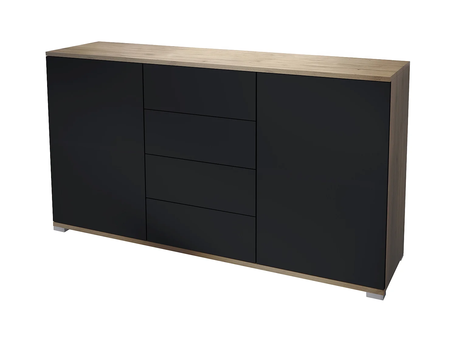 Buffet Santo V1, Enfilade avec 2 portes et 4 tiroirs, Chêne Evoke / noir mat (138,5 x 75,5 x 35 cm)