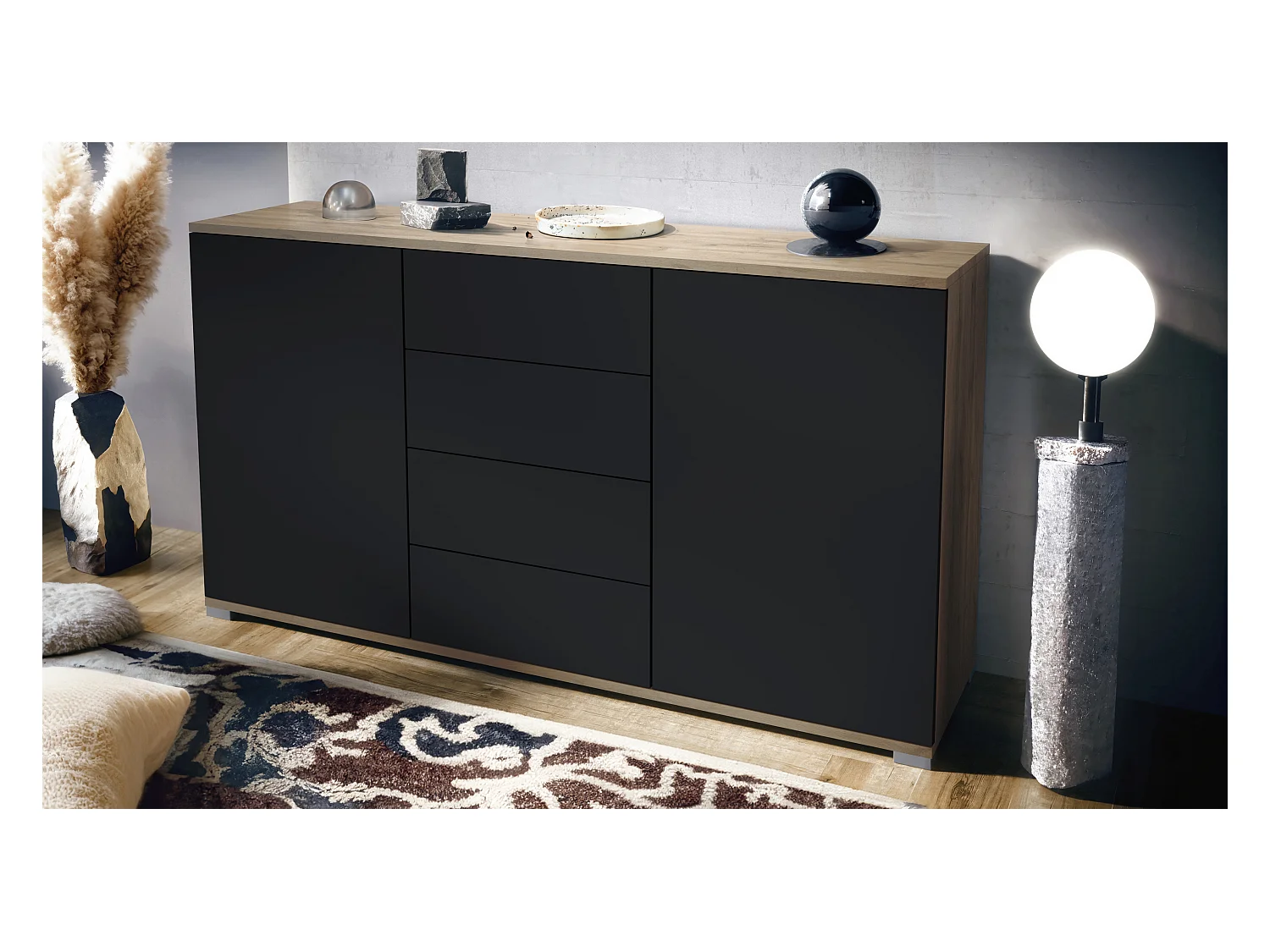 Buffet Santo V1, Enfilade avec 2 portes et 4 tiroirs, Chêne Evoke / noir mat (138,5 x 75,5 x 35 cm)