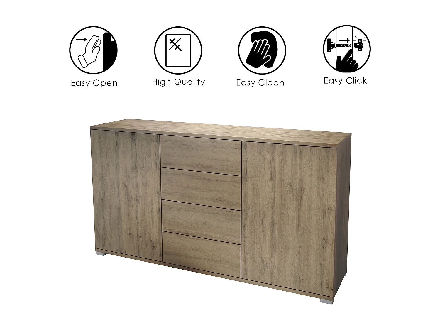 Buffet Santo V1, Enfilade avec 2 portes et 4 tiroirs, Chêne Evoke / noir mat (138,5 x 75,5 x 35 cm)