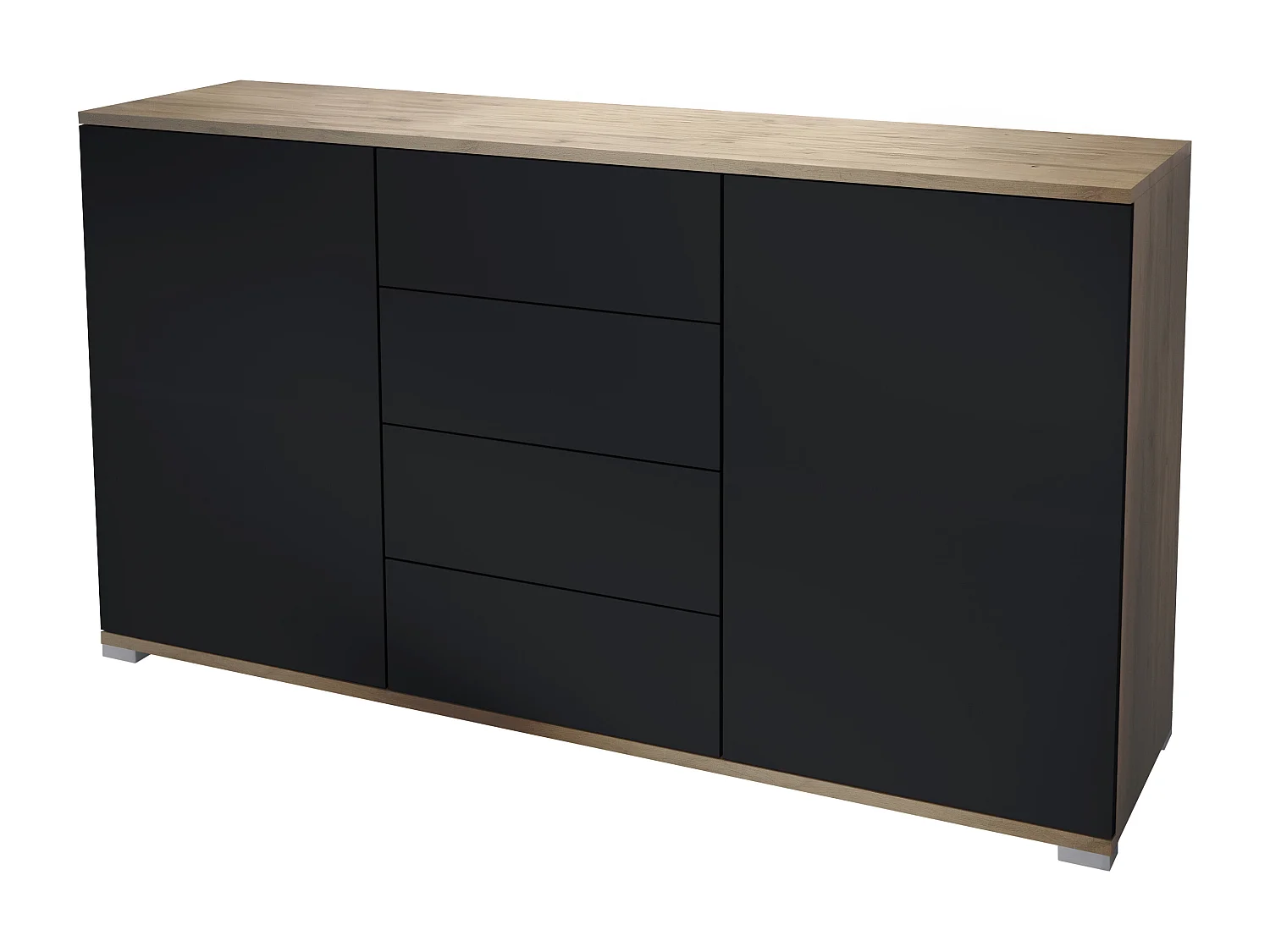 Buffet Santo V1, Enfilade avec 2 portes et 4 tiroirs, Chêne Evoke / noir mat (138,5 x 75,5 x 35 cm)