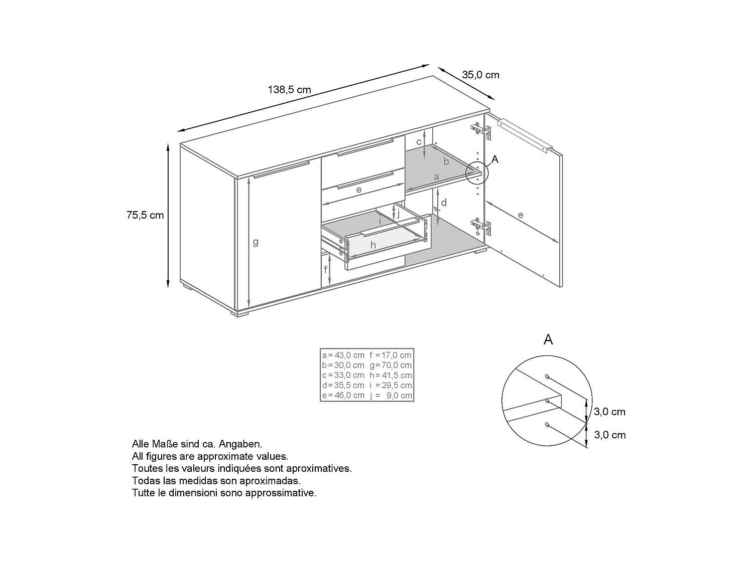 Buffet Linio V1, Enfilade avec 2 portes et 4 tiroirs, Chêne Evoke / blanc mat (138,5 x 75,5 x 35 cm)