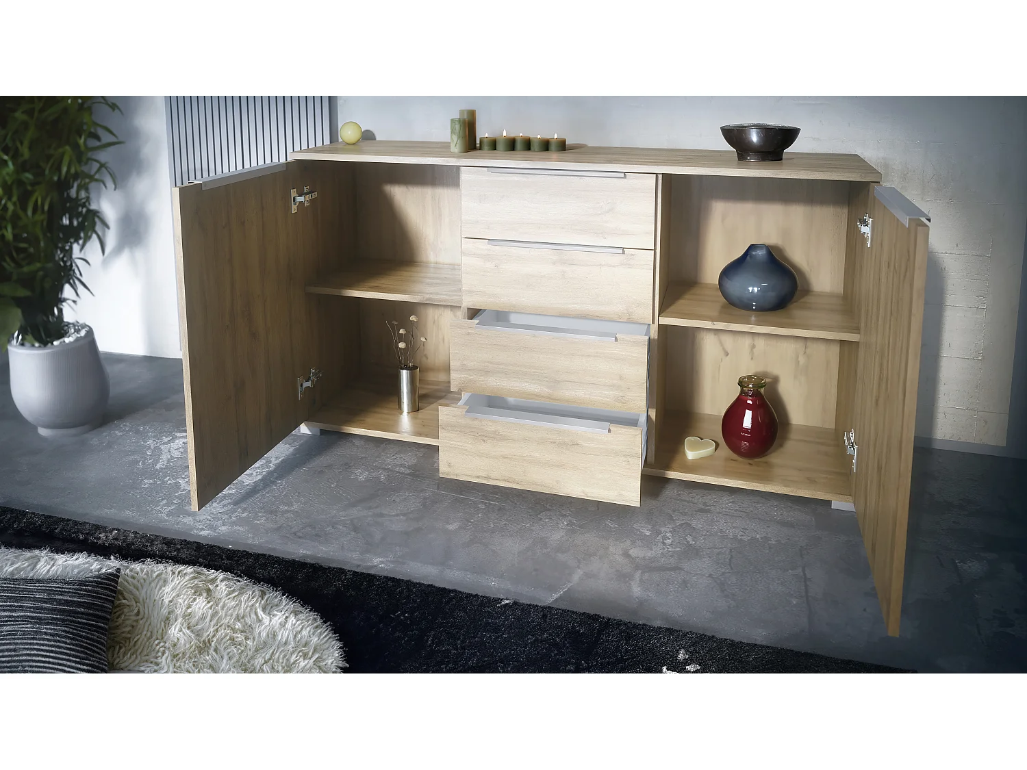 Buffet Linio V1, Enfilade avec 2 portes et 4 tiroirs, Chêne Evoke / blanc mat (138,5 x 75,5 x 35 cm)