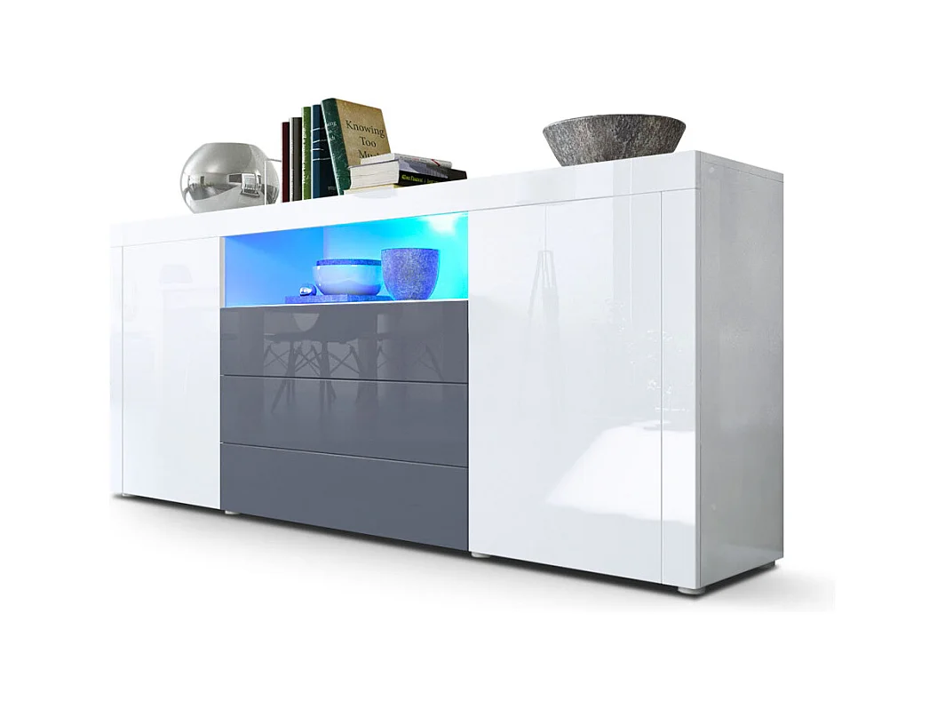 Sideboard Santiago, blanc haute brillance/gris haute brillance - Modern chest of drawers for your living area - (WxHxD) 167 x 72 x 35 cm