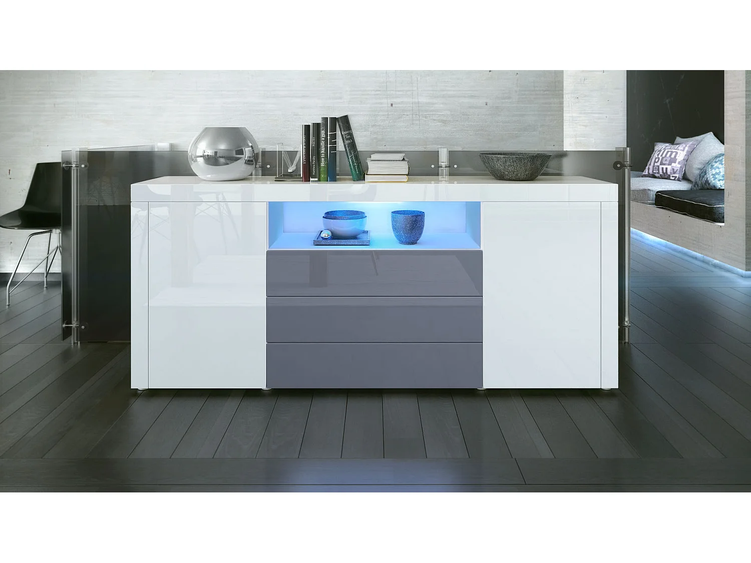 SIDEBOARD Santiago Weiß Hochglanz / Grau Hochglanz