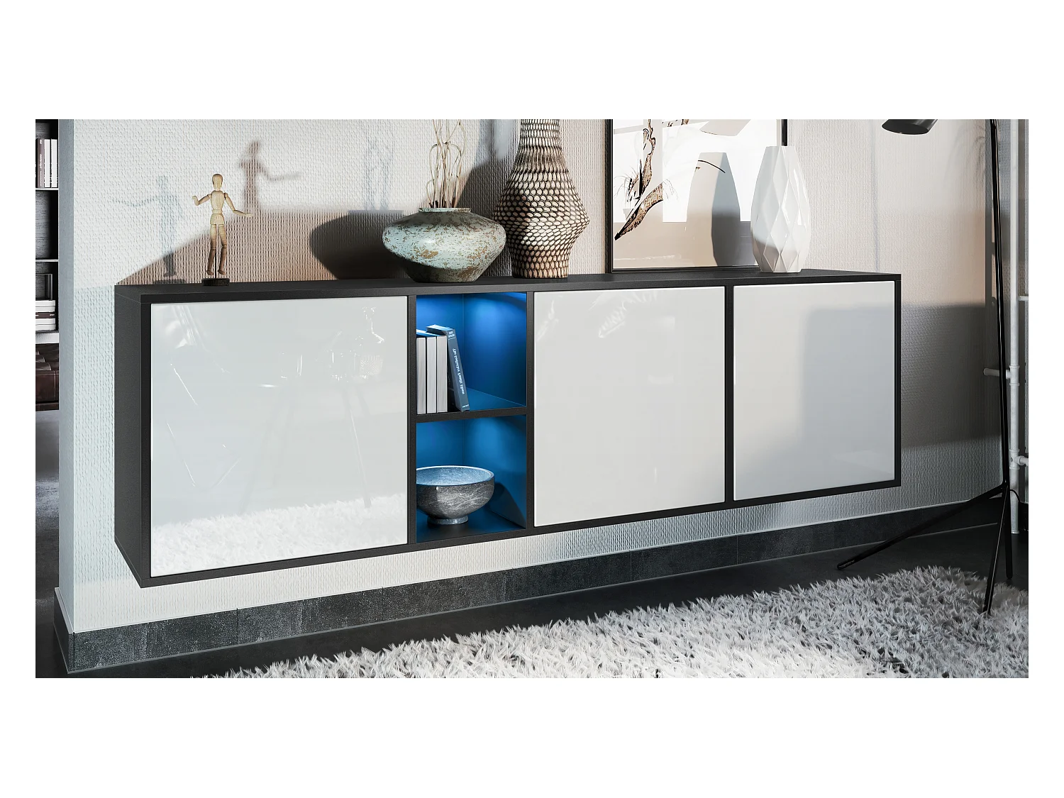 Commode Cuba - noir mat/blanc haute brillance - Buffet moderne pour votre salon - (LxHxP) 182x53x35 cm