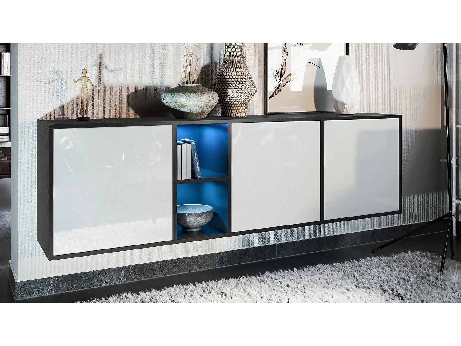 Vladon Cassettiera Cuba - nero opaco/bianco lucido - Credenza moderna per la zona giorno - (LxAxP) 182x53x35 cm