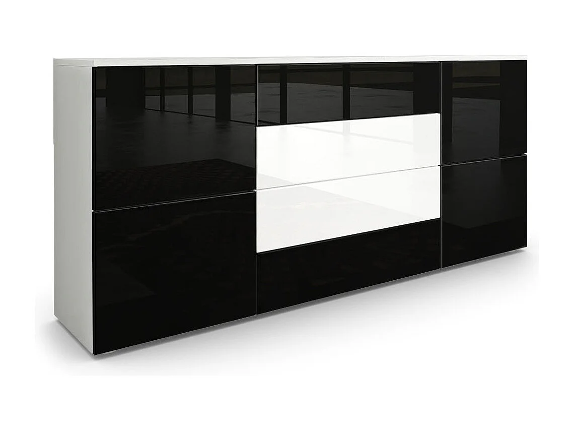 Buffet Rova, Commode avec 4 portes et 4 tiroirs, Blanc mat/Noir haute brillance (166 x 72 x 35 cm)