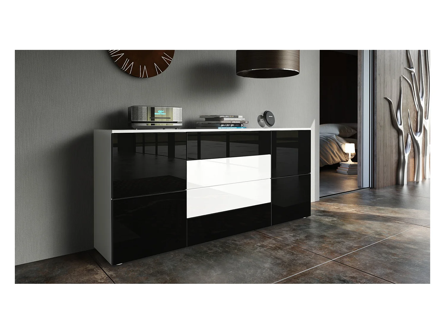 Buffet Rova, Commode avec 4 portes et 4 tiroirs, Blanc mat/Noir haute brillance (166 x 72 x 35 cm)