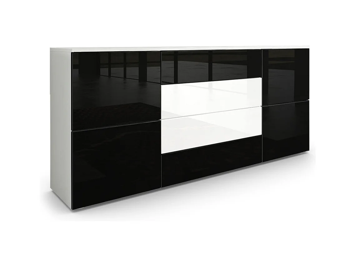 Buffet Rova, Commode avec 4 portes et 4 tiroirs, Blanc mat/Noir haute brillance (166 x 72 x 35 cm)