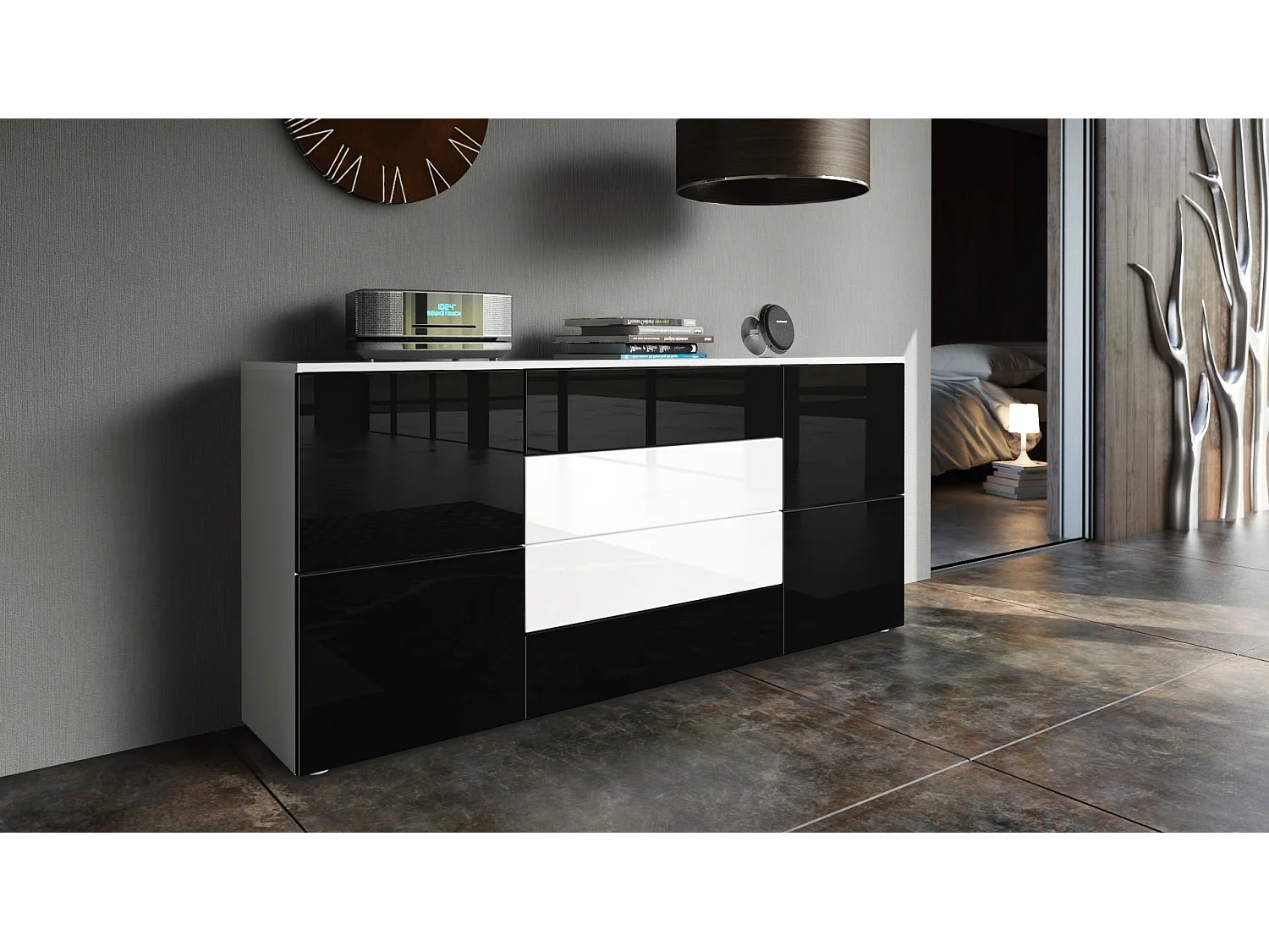 Madia  Rova, mobile con 4 ante e 4 cassetti, bianco opaco/nero lucido/bianco lucido (166 x 72 x 35 cm)