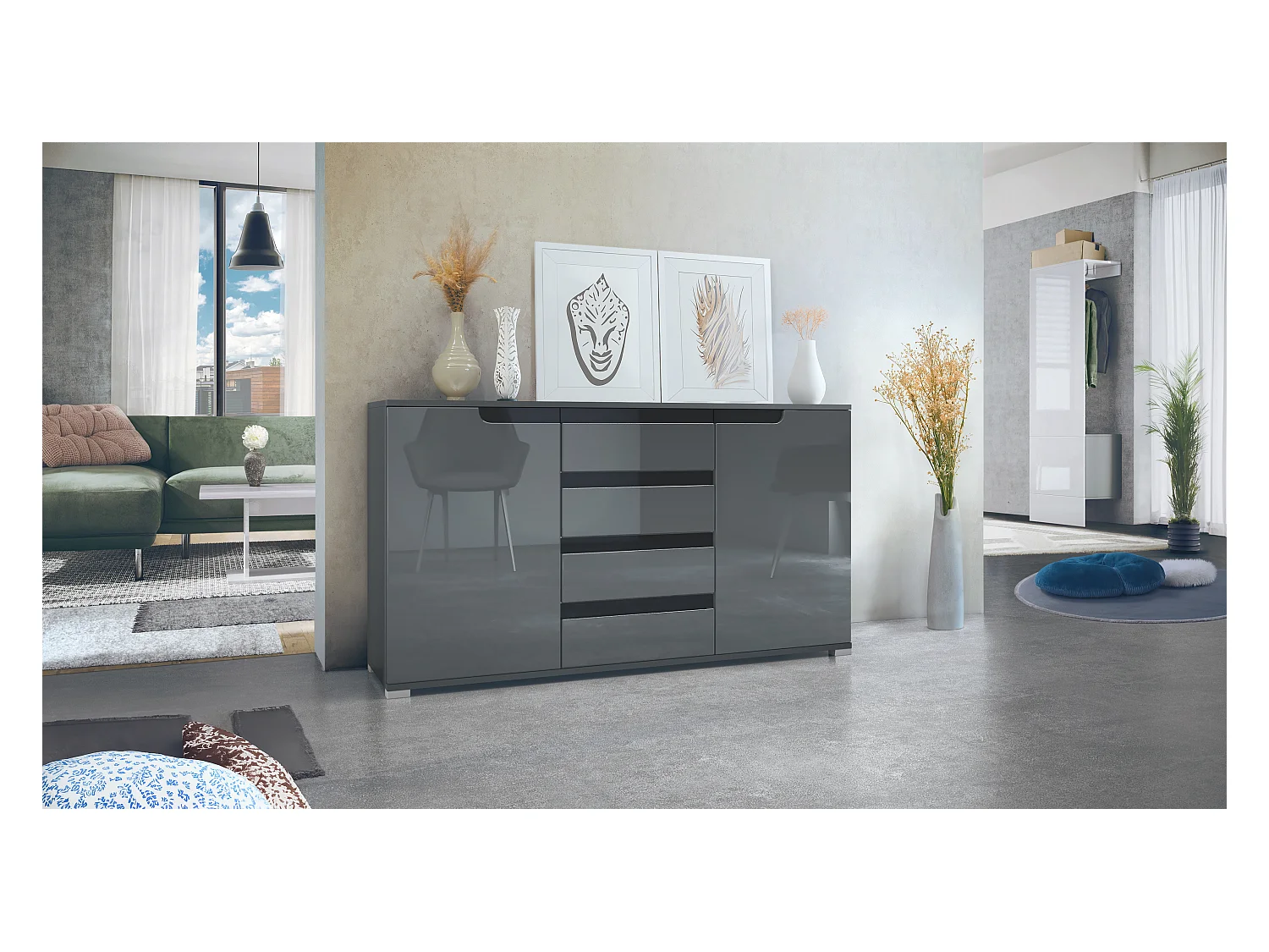 Buffet Dressoir Sylt, Corps en Noir mat / Façades en gris haute brillance avec un decor en noir haute brillance (139 x 72 x 35)