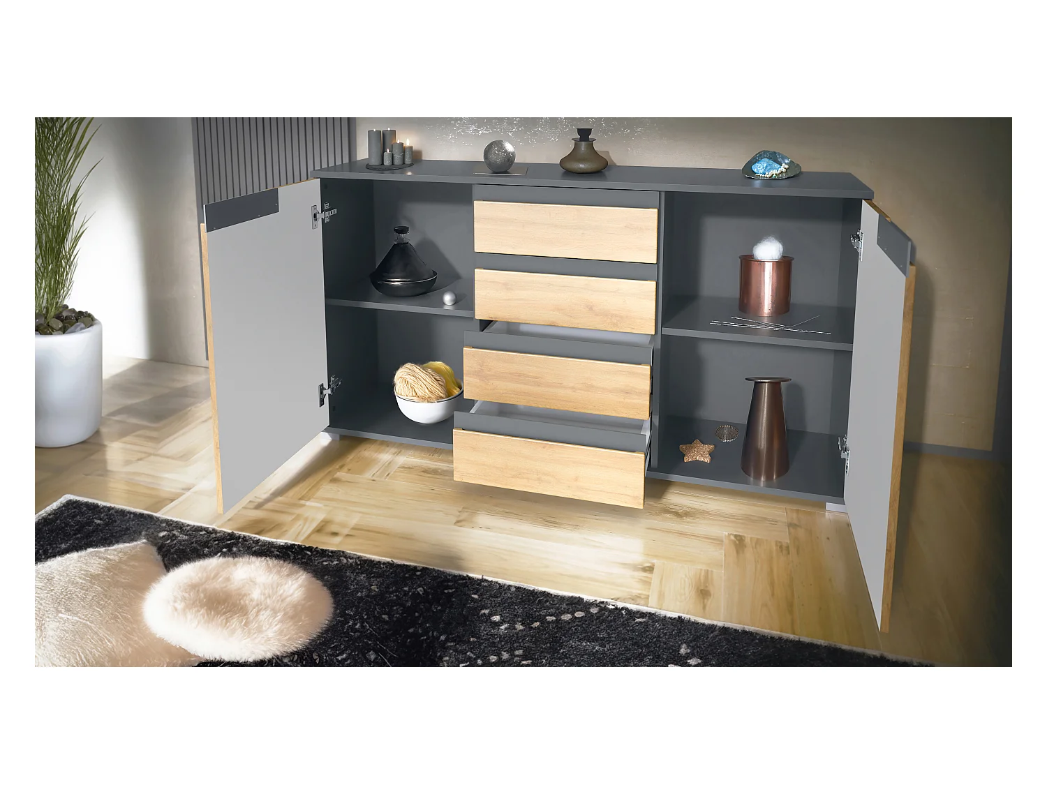 Buffet Dressoir Sylt, Corps en Noir mat / Façades en gris haute brillance avec un decor en noir haute brillance (139 x 72 x 35)