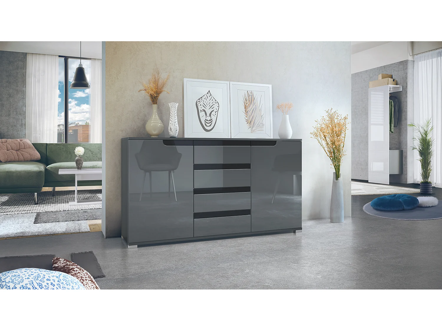 SIDEBOARD Sylt Grau Hochglanz / Schwarz Hochglanz