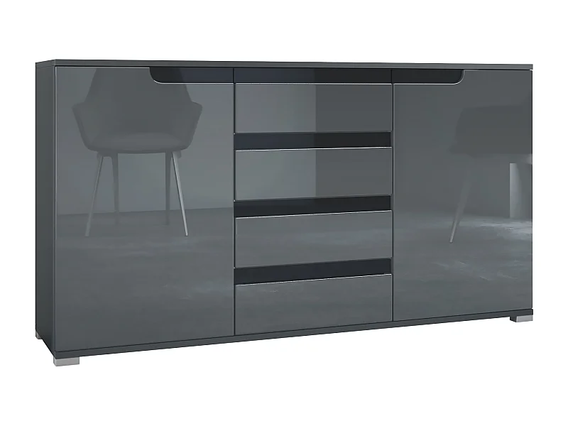Buffet Dressoir Sylt, Corps en Noir mat / Façades en gris haute brillance avec un decor en noir haute brillance (139 x 72 x 35)