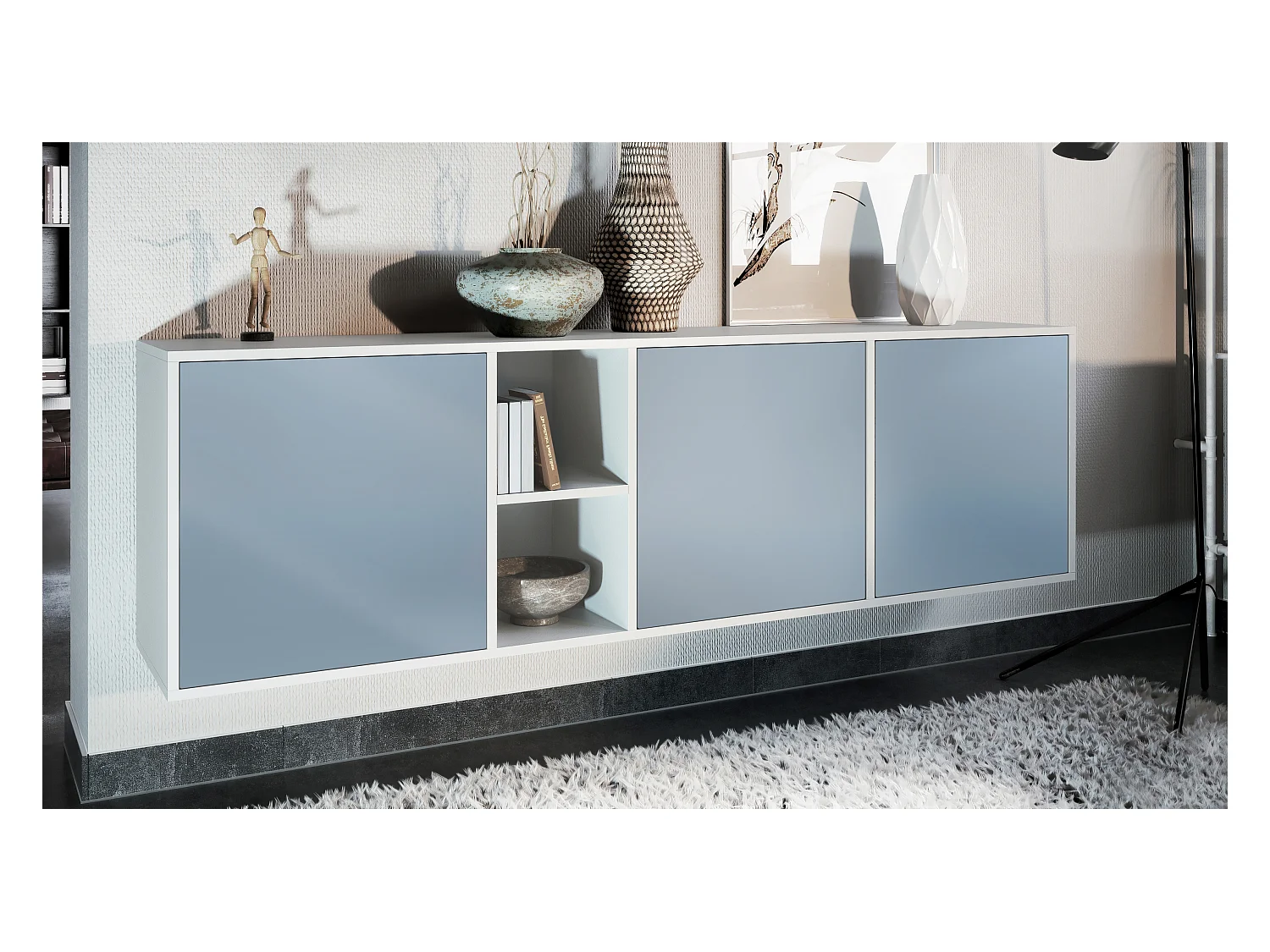 Commode Cuba - blanc mat/denim mat - Buffet moderne pour votre salon - (LxHxP) 182x53x35 cm