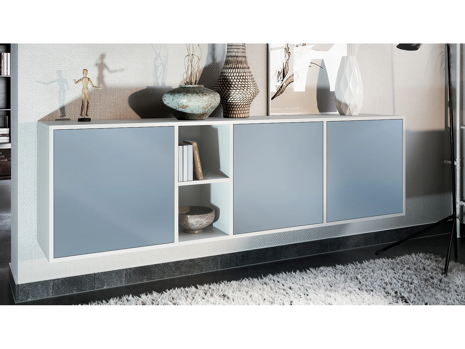 Vladon Cassettiera Cuba - bianco opaco/denim opaco - Credenza moderna per la zona giorno - (LxAxP) 182x53x35 cm
