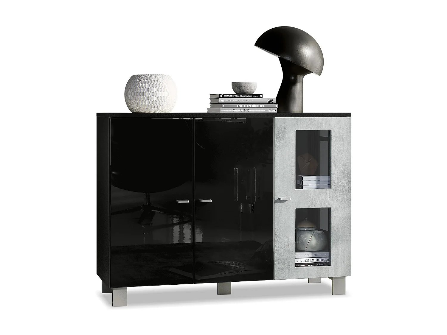 Buffet Denjo, Commode avec 3 portes, Noir mat/Noir haute brillance/Aspect Béton Oxyde (107 x 81 x 35 cm)