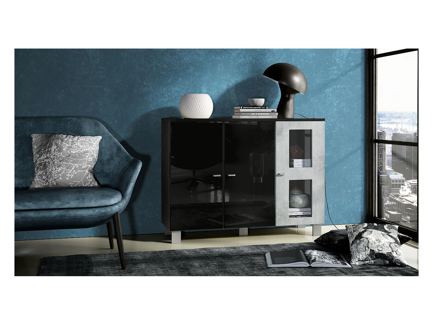 Buffet Denjo, Commode avec 3 portes, Noir mat/Noir haute brillance/Aspect Béton Oxyde (107 x 81 x 35 cm)