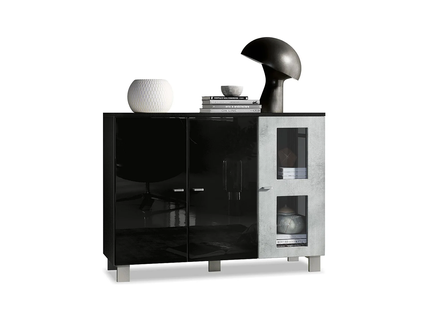 Buffet Denjo, Commode avec 3 portes, Noir mat/Noir haute brillance/Aspect Béton Oxyde (107 x 81 x 35 cm)