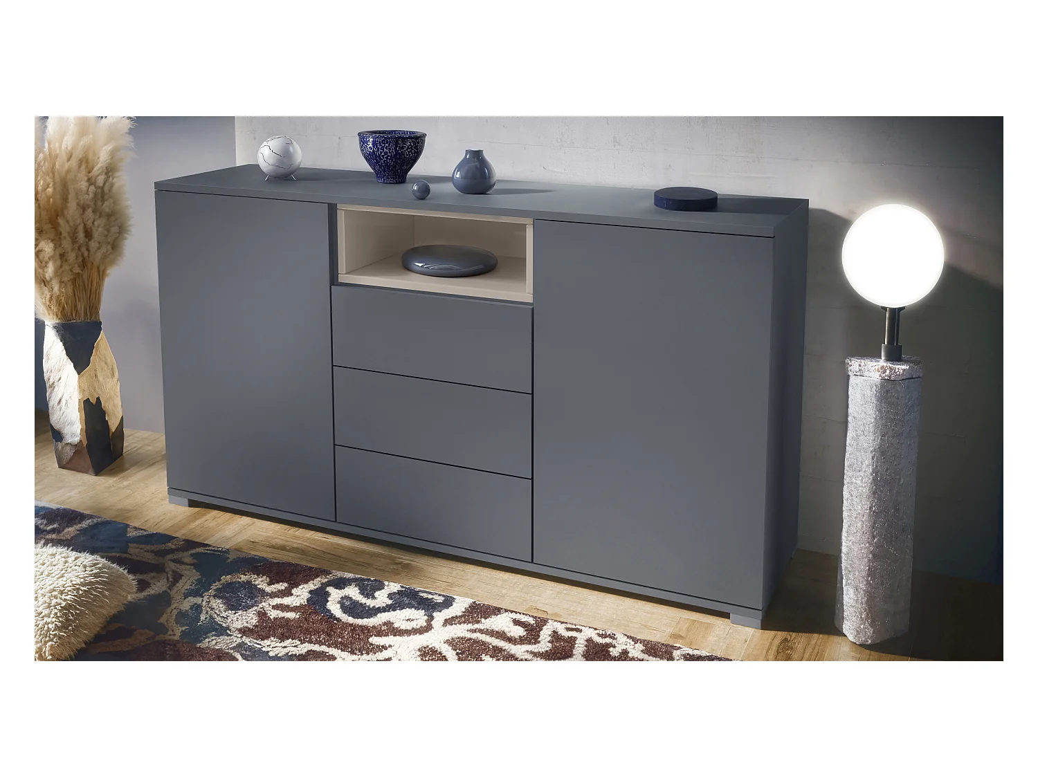 Skadu V2 Buffet, Commode avec 2 portes, 3 tiroirs et 1 compartiment ouvert, anthracite mat/gris sable haute brillance (138,5 x 75,5 x 35 cm)