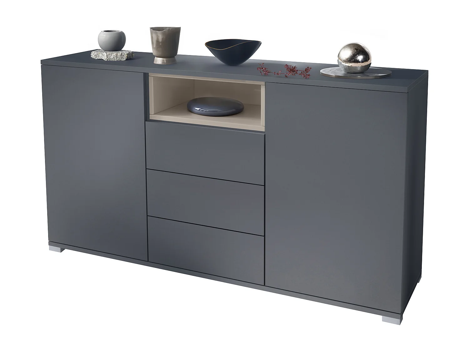Skadu V2 Buffet, Commode avec 2 portes, 3 tiroirs et 1 compartiment ouvert, anthracite mat/gris sable haute brillance (138,5 x 75,5 x 35 cm)