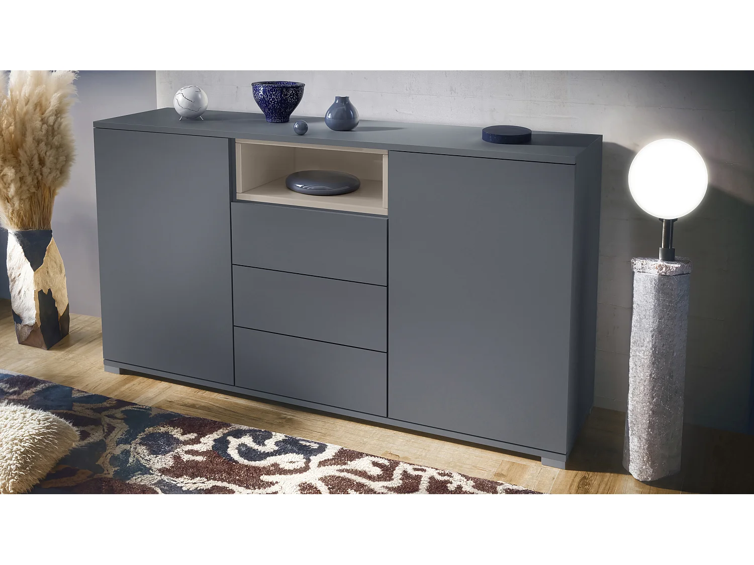 Skadu V2 Buffet, Commode avec 2 portes, 3 tiroirs et 1 compartiment ouvert, anthracite mat/gris sable haute brillance (138,5 x 75,5 x 35 cm)