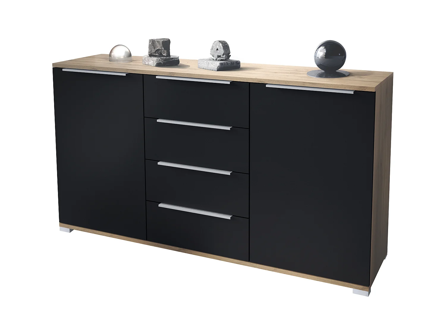 Buffet Linio V1, Enfilade avec 2 portes et 4 tiroirs, Chêne Evoke / noir mat (138,5 x 75,5 x 35 cm)