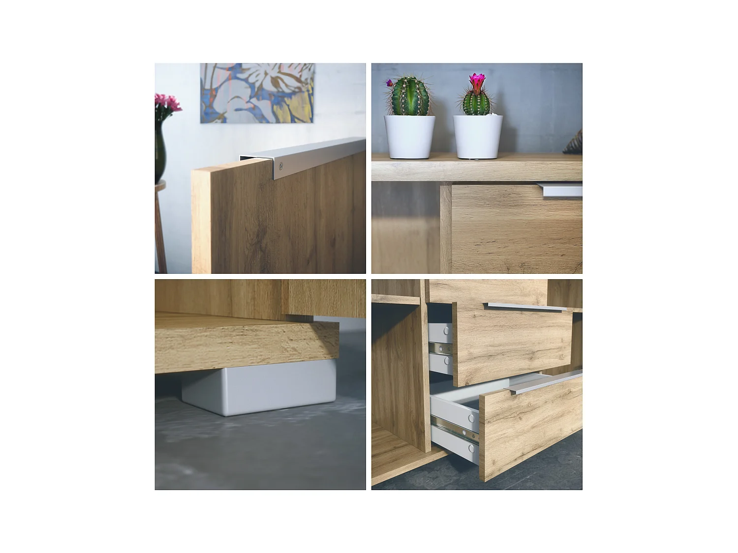 Buffet Linio V1, Enfilade avec 2 portes et 4 tiroirs, Chêne Evoke / noir mat (138,5 x 75,5 x 35 cm)