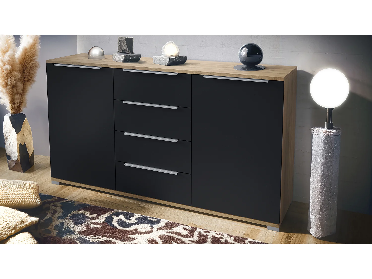Buffet Linio V1, Enfilade avec 2 portes et 4 tiroirs, Chêne Evoke / noir mat (138,5 x 75,5 x 35 cm)
