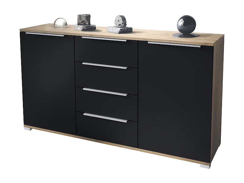 Buffet Linio V1, Enfilade avec 2 portes et 4 tiroirs, Chêne Evoke / noir mat (138,5 x 75,5 x 35 cm)