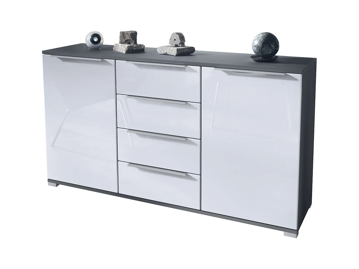 Aparador Linio V1, Mueble con 2 puertas y 4 cajones, antracita mate / blanco de alto brillo (138,5 x 75,5 x 35 cm)