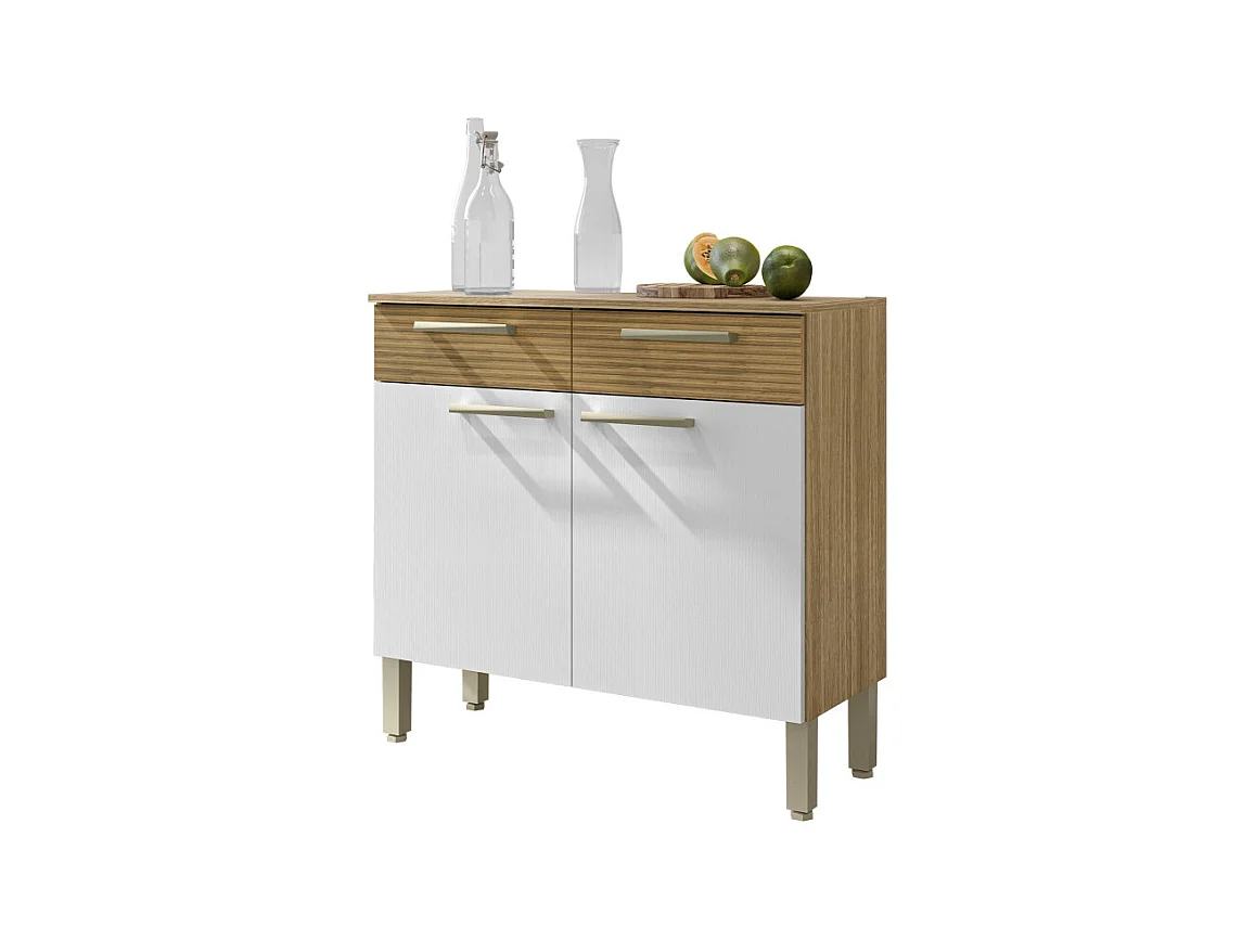 Buffet Bas 2 Portes 2 Tiroirs Chêne et Blanc 2 Niches Larg 90,9 H 86 P 36,3 cm