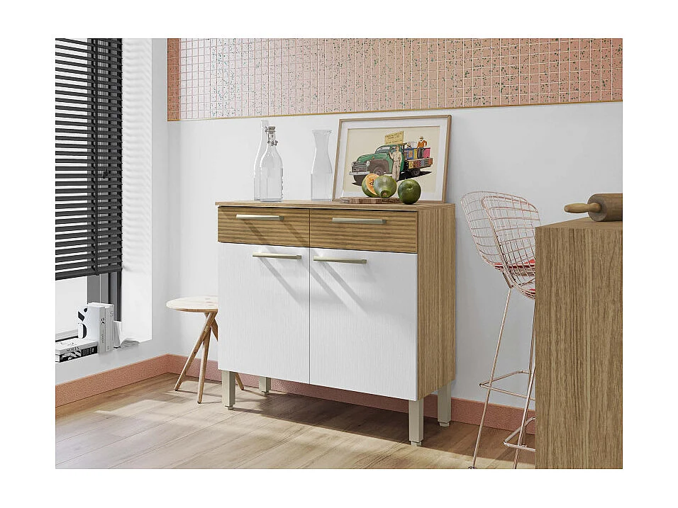 Buffet Bas 2 Portes 2 Tiroirs Chêne et Blanc 2 Niches Larg 90,9 H 86 P 36,3 cm