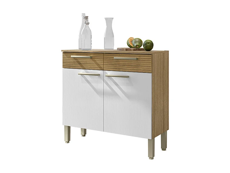 Buffet Bas 2 Portes 2 Tiroirs Chêne et Blanc 2 Niches Larg 90,9 H 86 P 36,3 cm