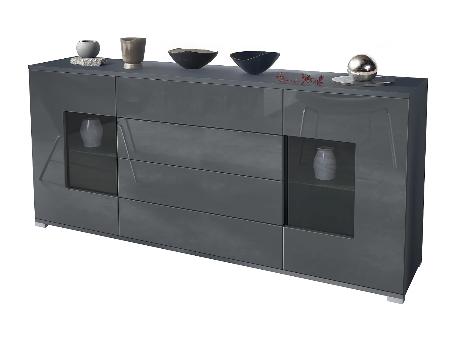 Buffet Grömitz V2 – Meuble avec 2 Grandes Portes et 4 Tiroirs, anthracite mat/gris haute brillance (166,5 x 75,5 x 35)
